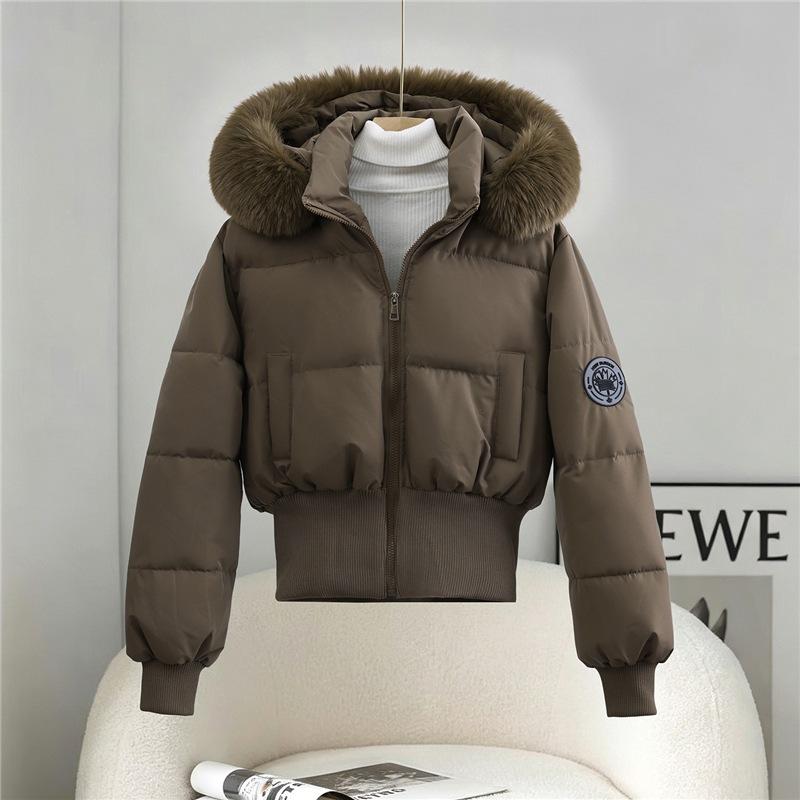Simple Hooded Fur-neck Cotton-padded Clothes for Women's Short Short Men, Thickened Warm Waist Cotton-padded Clothes.