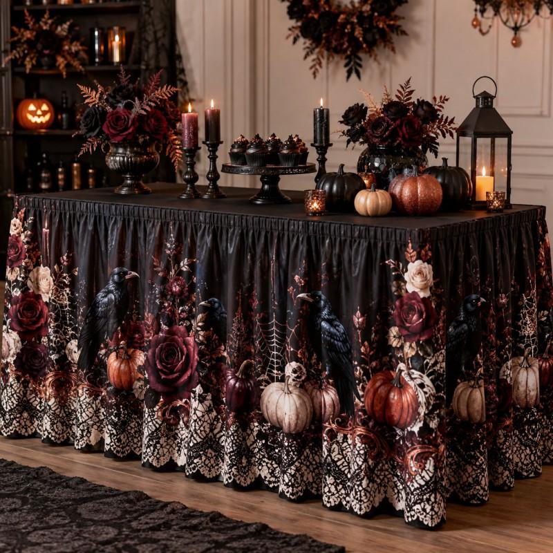 Halloween Table Skirt With Waterproof Dustproof Decor Dining 140-275cm Length