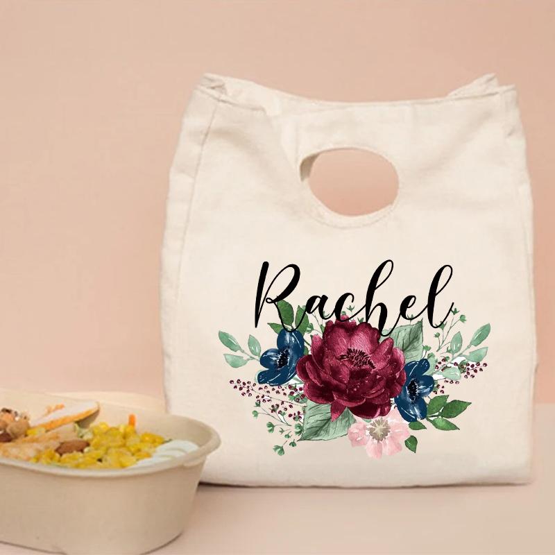 Flower Customized Canvas Handbag Vintage Travel Camping Lunch Bag Personalized Name Storage Lunch Box Large Capacity Cooler Bags