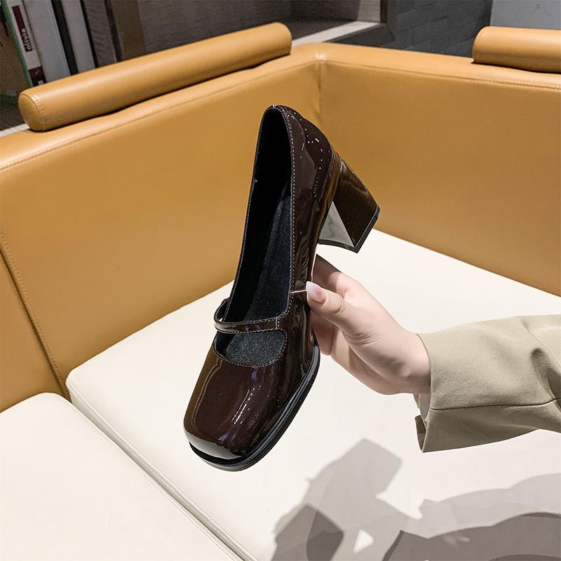 New Woman High Heel Shoes Square Heels Round Toe Mary Janes Pumps Buckle Strap Black Brown Handmade Elegant Lady Shoes
