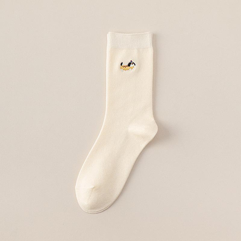 

Женские милые шерстяные зимние носки до середины икры с вышивкой щенков - Утолщенные с оборкой One Size бежевый