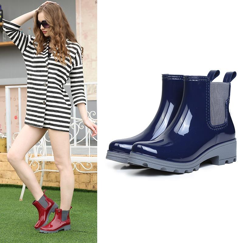 Water shoes fashionable elastic middle heel short tube glossy thickened warm liner wear-resistant non-slip rain shoes