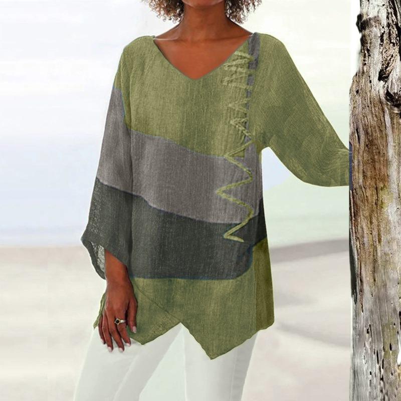 VEZFAA Women's Fashion Casual Summer Spring Colour Block Print 3/4 Sleeves V-Neck Blouses & Shirts