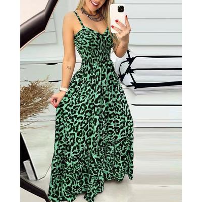 Langes Kleid mit Leopardenmuster und Leopardenmuster für Damen, V-Ausschnitt und hoher Taille