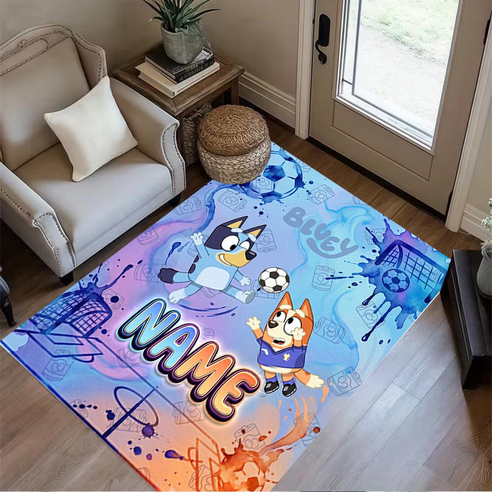 Bluey Soccer Fun Personalized Name Area Rug Design for Dining Room Balcony Dormitory Decorate room Anti-slip Rug Anime Office Decor Best for Christmas