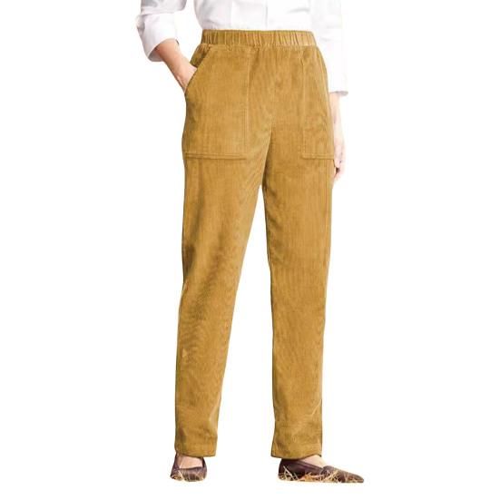 Corduroy Casual Pants Elastic Waist Women Long Pants with Pockets Solid Color Straight Leg Commuting Office Travel Slacks