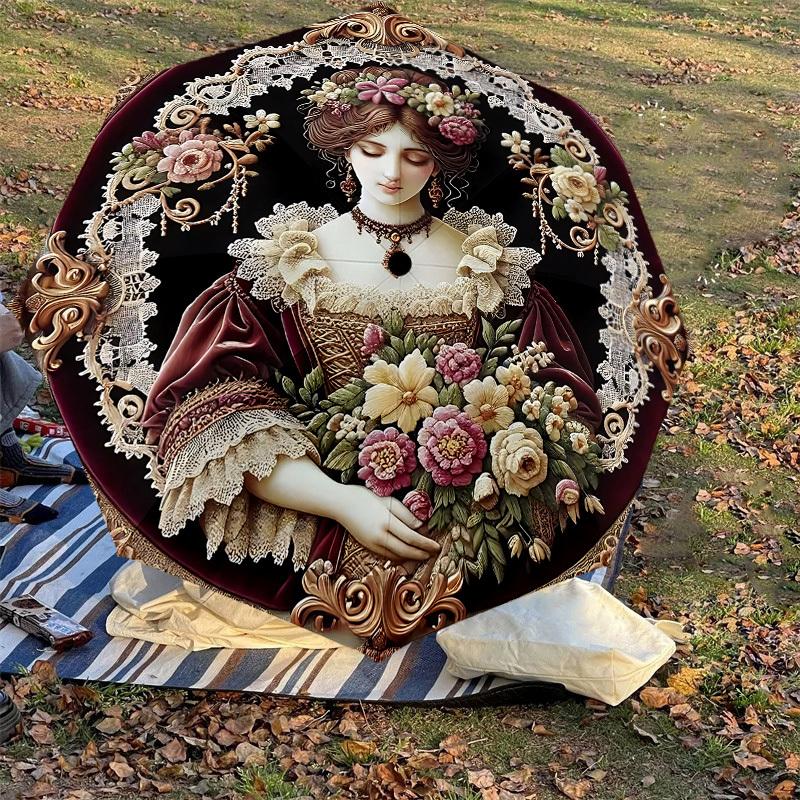 1PC Floral Portrait Umbrella-8-Rib Reinforced, Automatic Open, Lightweight & Durable, Cute Fashion Accessory for Outdoor, Beach or Casual Use, Beach U