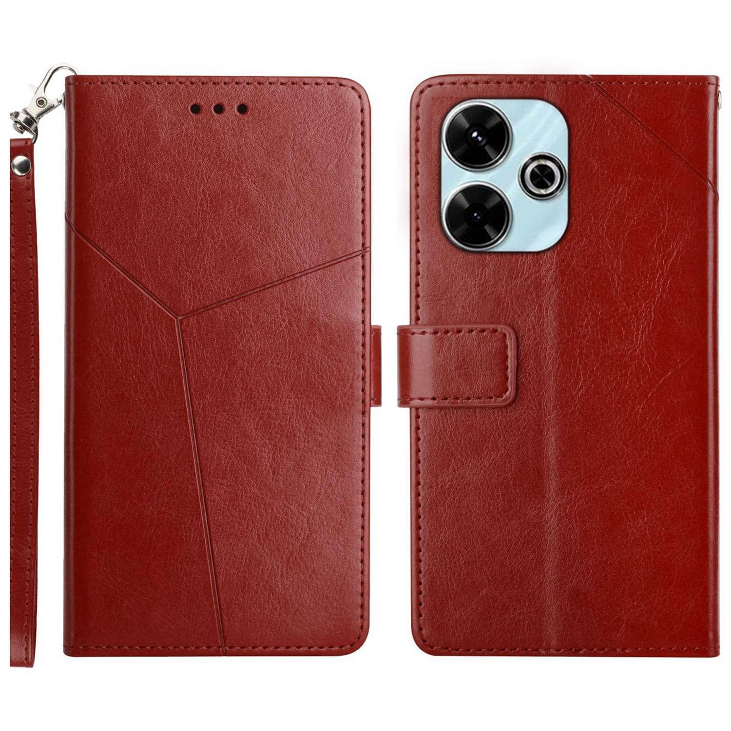 

For Xiaomi Redmi 13 5G/13 4G Case with Wrist Strap Y Shaped Lines Imprint Leather Phone Cover Brown