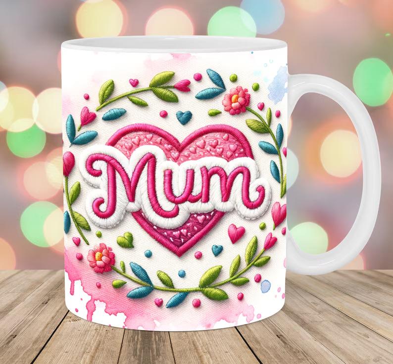 3D Embroidery Flower Embroidered Ceramic Coffee Mug Tea Cup Mom Mum Mother