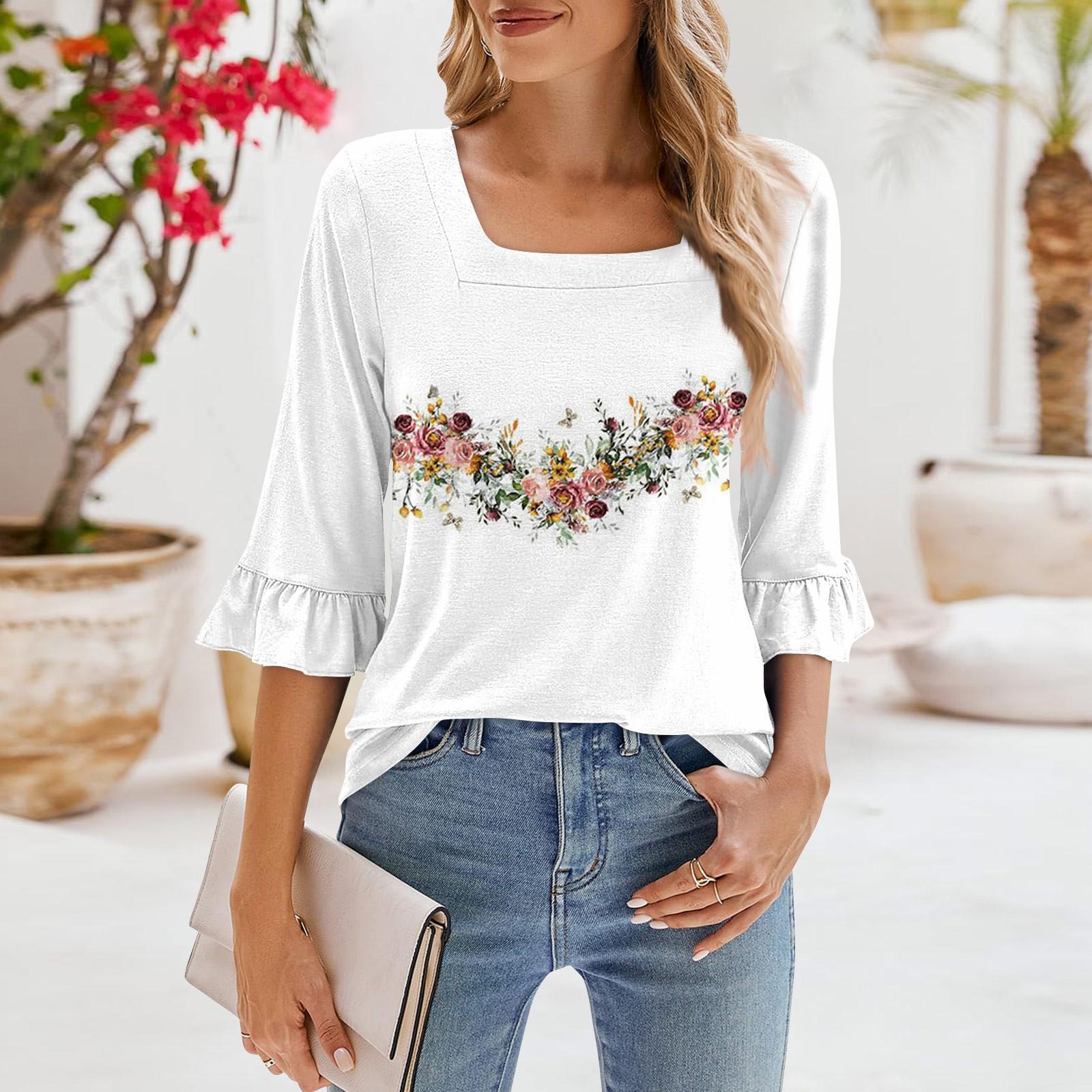 

Жіночі повсякденні топи з рукавами 3/4, літні футболки з квадратним вирізом і рюшами, вільні блузки-туніки XL білий