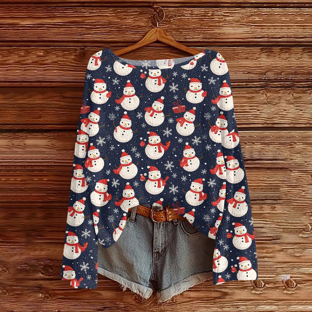 Damenmode Weihnachtsdruck Leichter Pullover Lässig Langärmlig Strick-Pullover-Oberteil