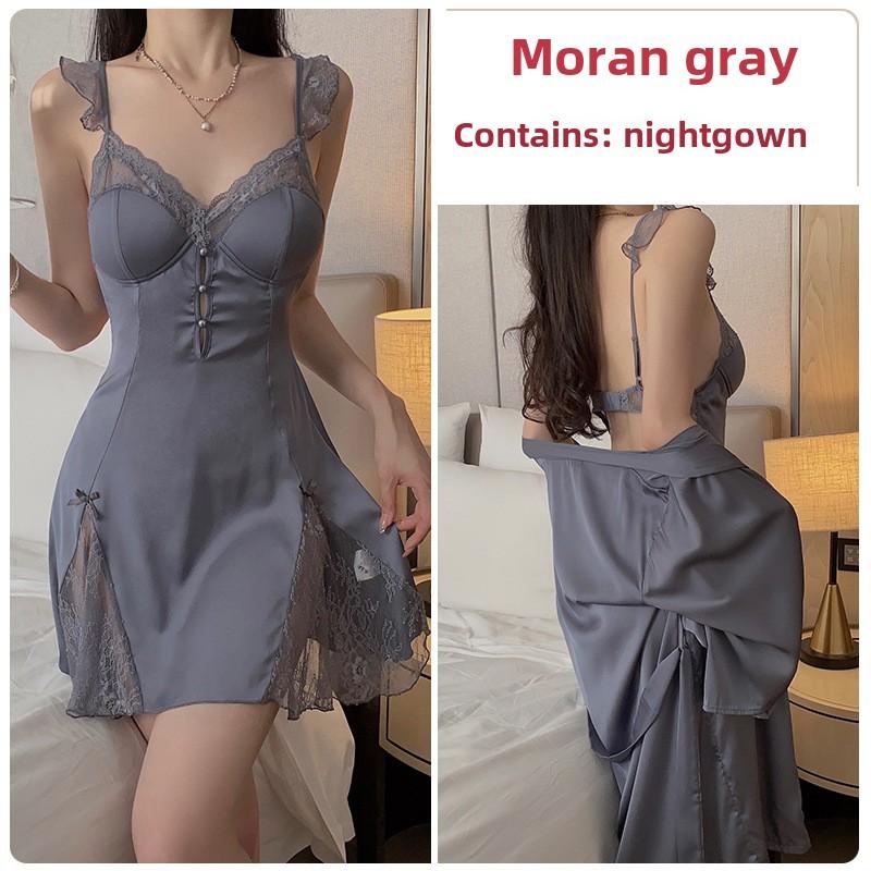 Satin Splicing Lace Perspective Sexy Deep V Plus Chest Pad Suspender Nightdress Robe Home Set