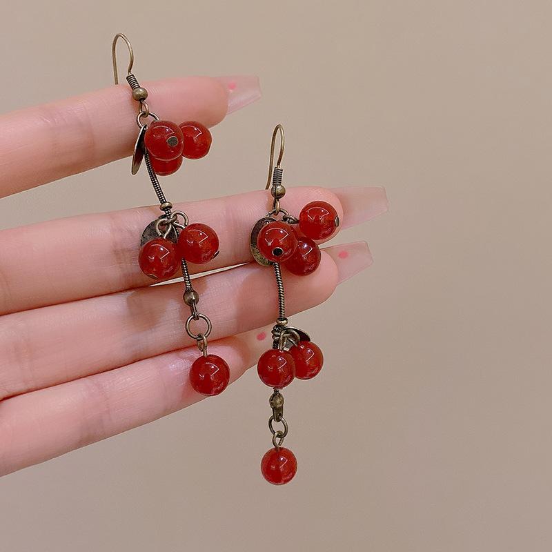 Chinese style unique design red fruit earrings women's long fringed earrings retro New Year's festive earrings