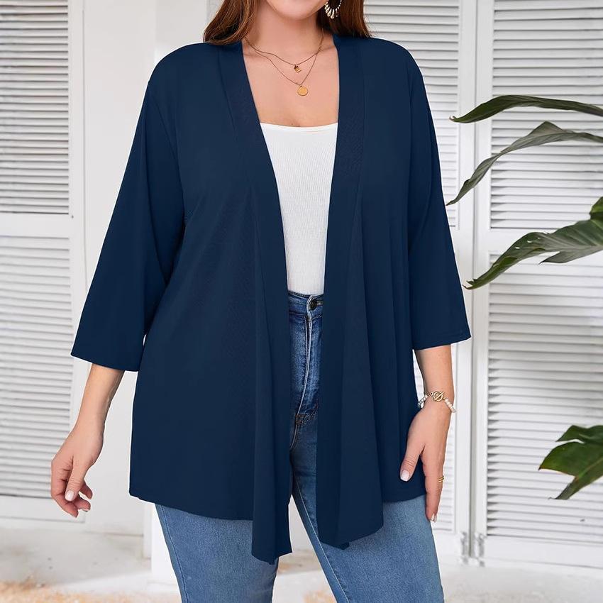 Cardigan Femme Grande Taille Manches 3/4 Léger et Fin Ouverture Devant Style Châle Tricoté Haut Décontracté Doux et Fluide