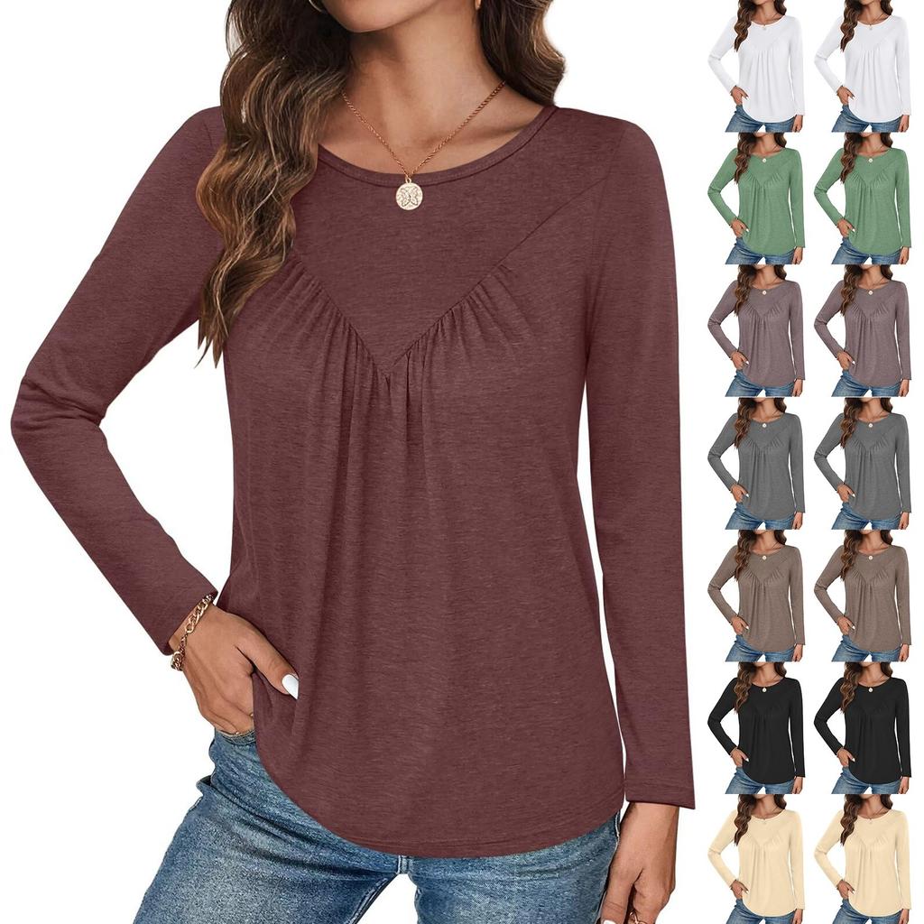 Women's T-shirt, Solid Color, Round Neck, Long Sleeve, Irregular Button, Hem Top