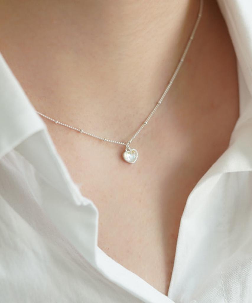 Alleun Silver 925 Chubby Heart Silver Ball Crystal Necklace