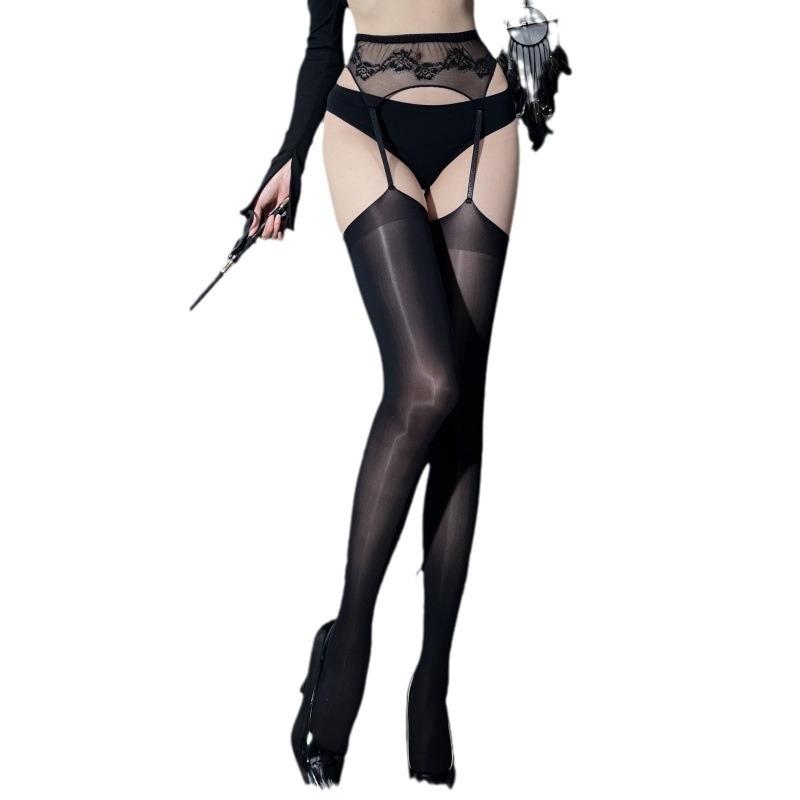 Horse Oil Silky Smooth Shiny Lace Long Stockings Black Sexy Glossy Ultra-Thin One-Piece Garter Stockings Summer