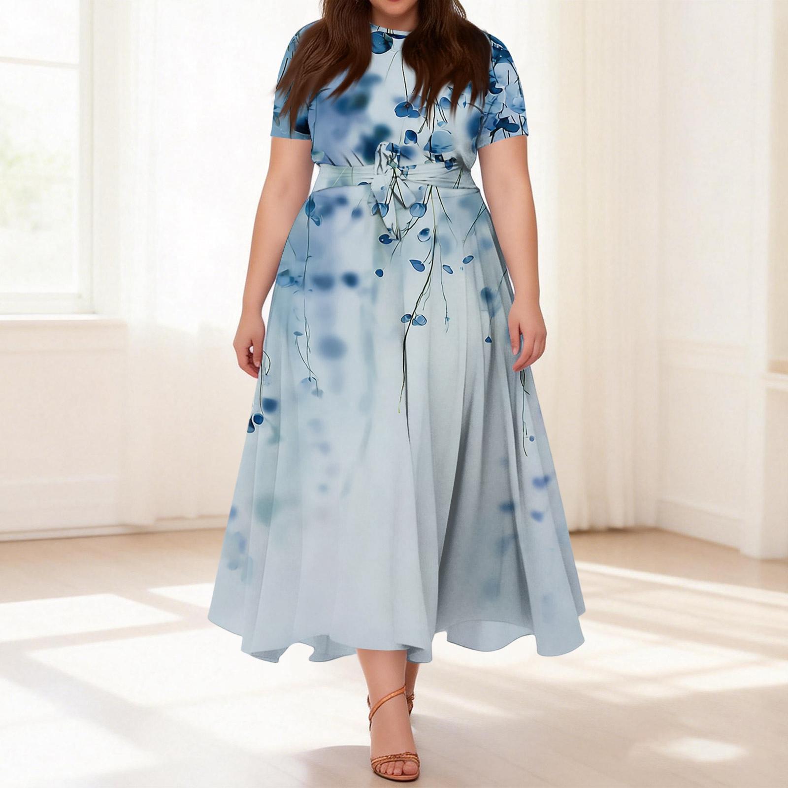 Women s Casual Fashion Plus Size Retro Floral Print Round Neck Short Sleeve Pocket Tie-Waist Dress L армия зеленый