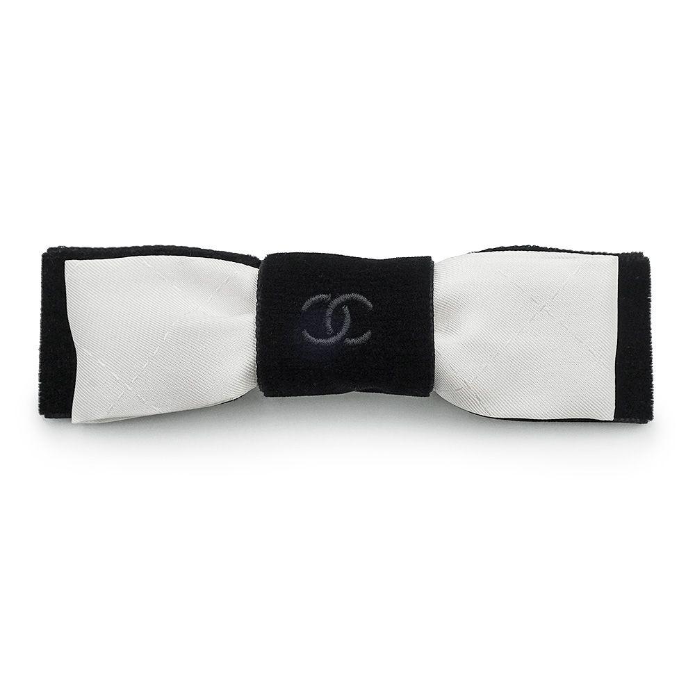 Used CHANEL AAA373 Ribbon Coco Mark Velour Silk Black White Barrette Hair Clip Hair Accessory Silver Hardware (New, Unused)