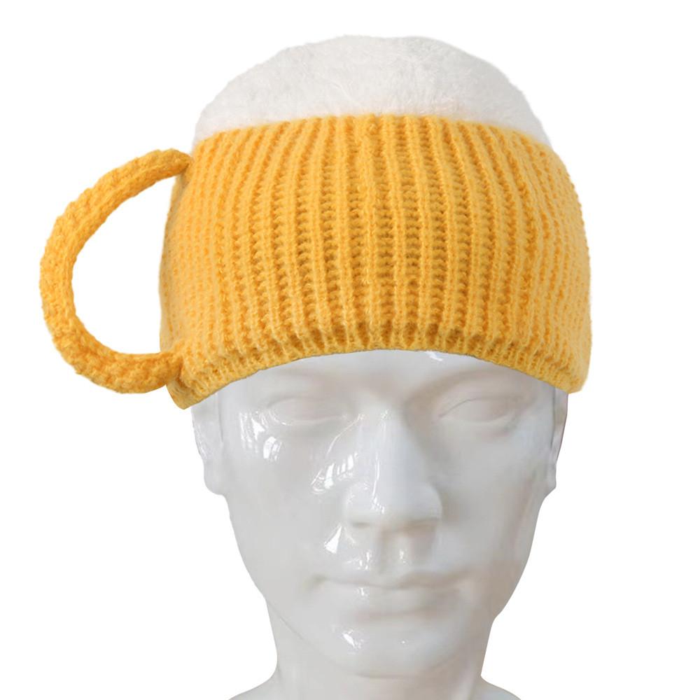 Trendy 3d Beer Cup Knitted Beanie Hat For Winter Warmth In Yellow Wine Red And Khaki