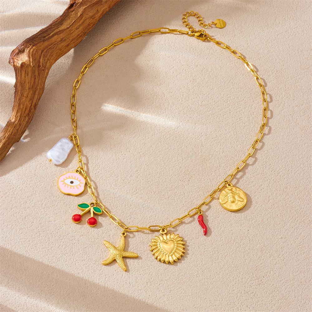 DIEYURO 316L Stainless Steel Golden Personality Sun Serie Multi Pendant Necklace Women New Fashion Neck Chain Vacation Jewelry