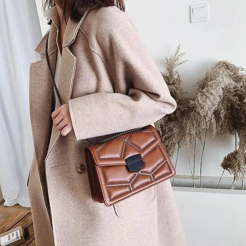 Vintage Rivet Chain Small Shoulder Bags For Women Flap PU Leather Fashion Small Square Crossbody Bag  Handbag