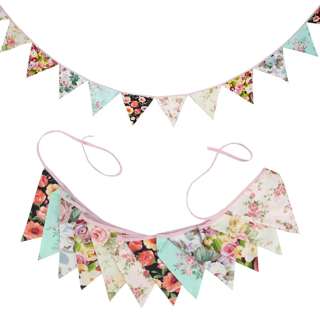 Pink Pastoral Floral Cotton Bunting: Children's Party or Wedding Decoration Hanging Flag