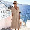 New casual spring and summer loose long dress short-sleeved V-neck solid color cotton and linen dress