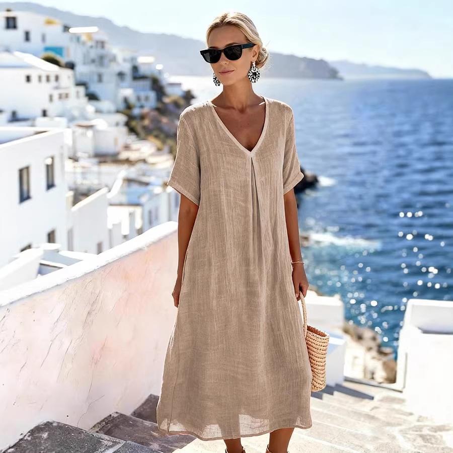New casual spring and summer loose long dress short-sleeved V-neck solid color cotton and linen dress