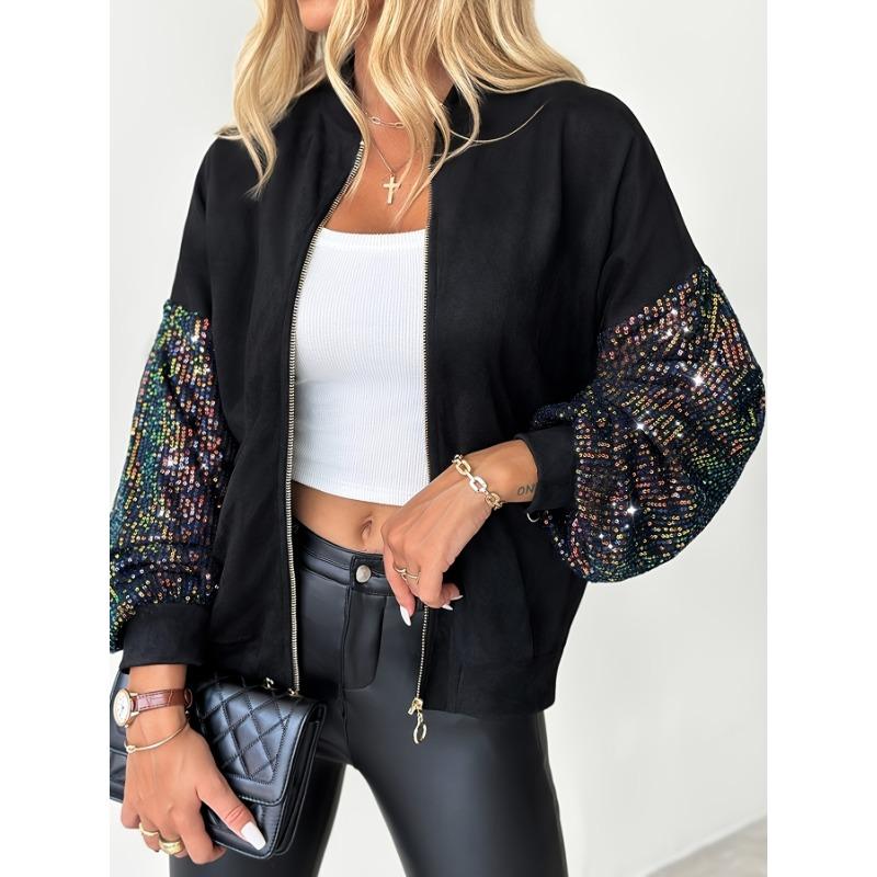 

Женский свитер-жакет с пайетками, высоким воротником, однотонный на молнии, повседневный блейзер из тканого полиэстера для осени/зимы XL чёрный