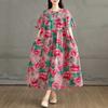 Retro Cotton and Linen Round Neck Short Sleeved Dress, Women's Loose Skirt