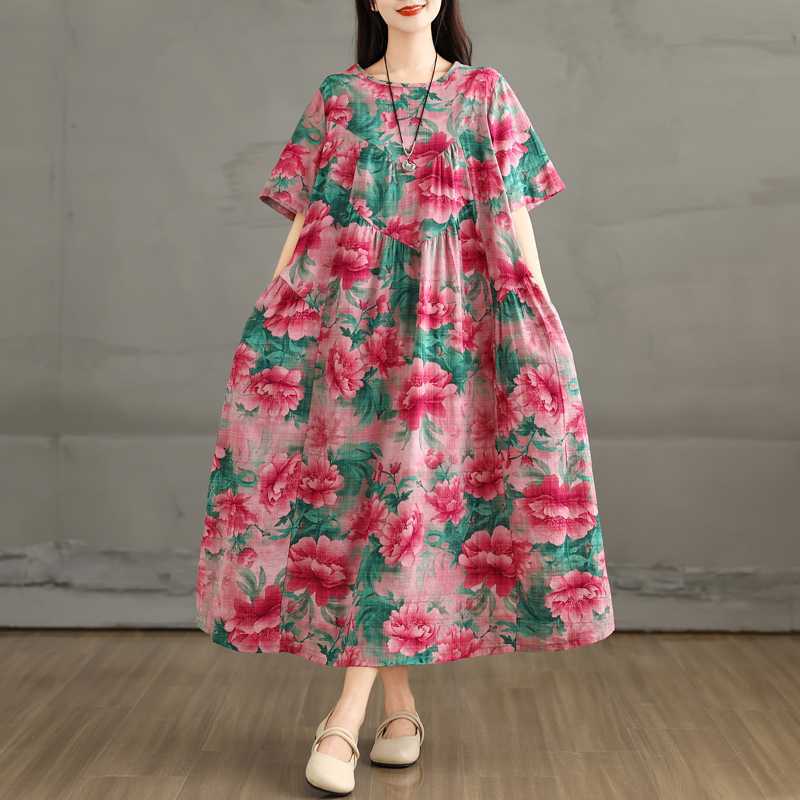 Retro Cotton and Linen Round Neck Short Sleeved Dress, Women's Loose Skirt