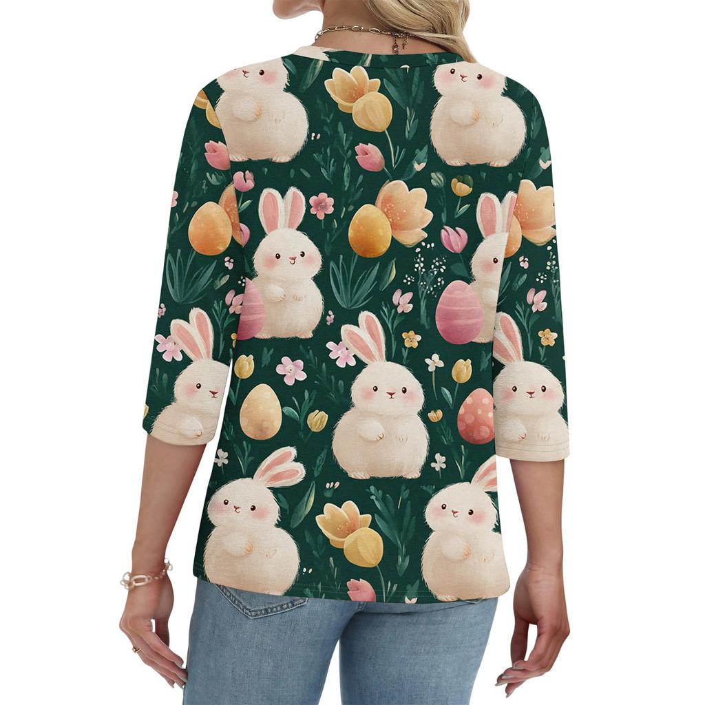 Top Camisa Feminina Fashion e Casual com Estampa de Coelho e Ovos de Páscoa, Gola V, Botões, Manga Três Quartos