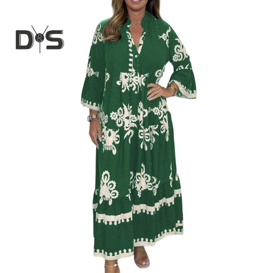 

Осень-Весна Платье Воротник-стойка Длинные рукава Подходящий по цвету принт Плиссированные Лоскутные трапеции Свободный подол Длина до щиколотки Для свиданий Повседневная одежда Макси-платье XL армия зеленый