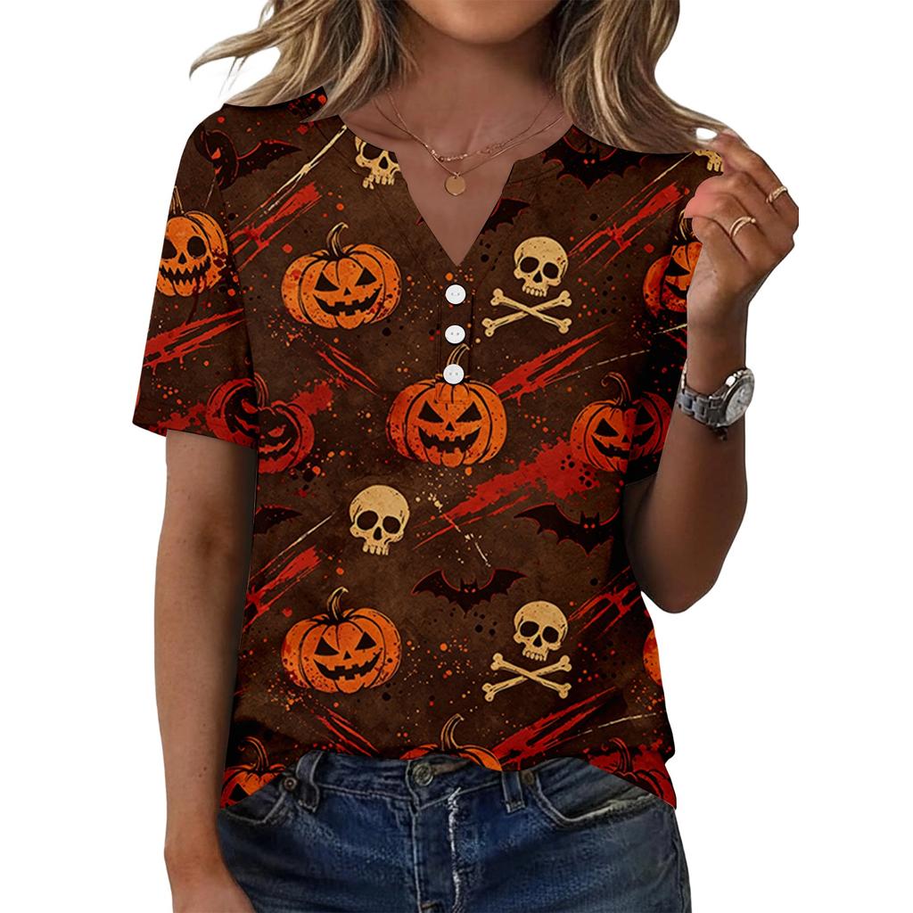 Womens Casual Halloween Print V Neck Short Sleeve Button Front T Shirt Top Lightweight Soft Fabric Comfortable Fit