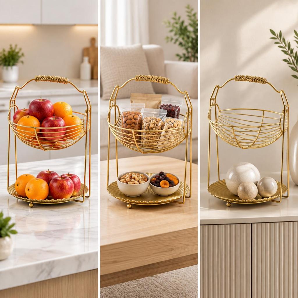 Two-Tier Fruit and Snack Basket Modern Kitchen Counter Organizer Wipe-Clean