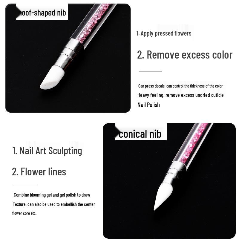 Nail Art Silicone Pen: Double-Headed Carving & Embossing Tool with Magic Mirror Powder, Glitter Rhinestone, and Dotting Features.