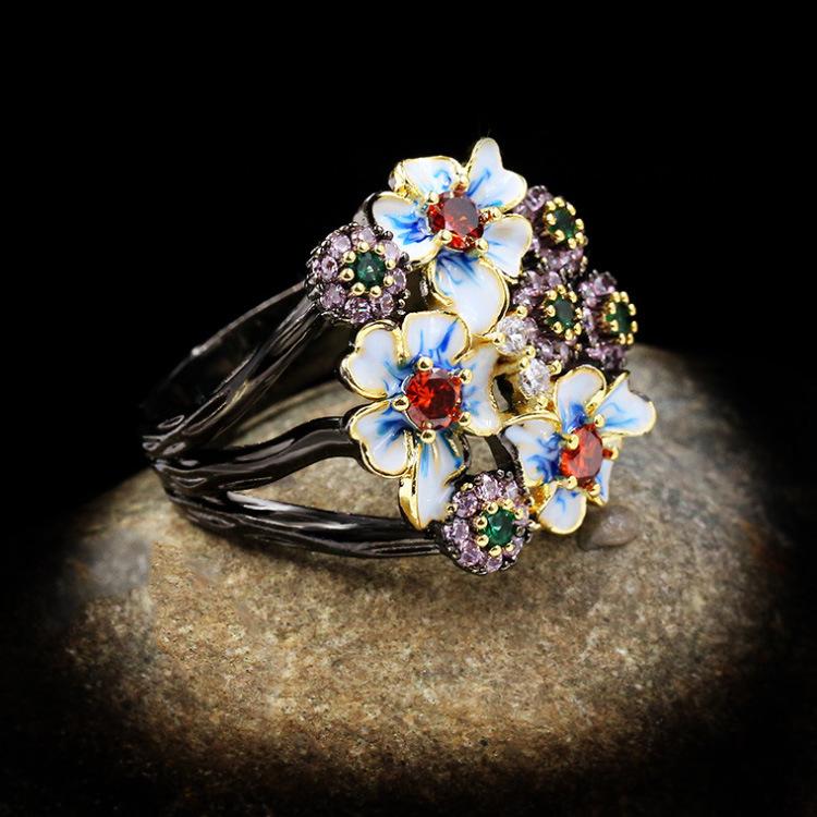 2026 Fashion Jewelry Color Zircon Black Gold Flower Three-piece Ring Necklace Earrings Women's Jewelry