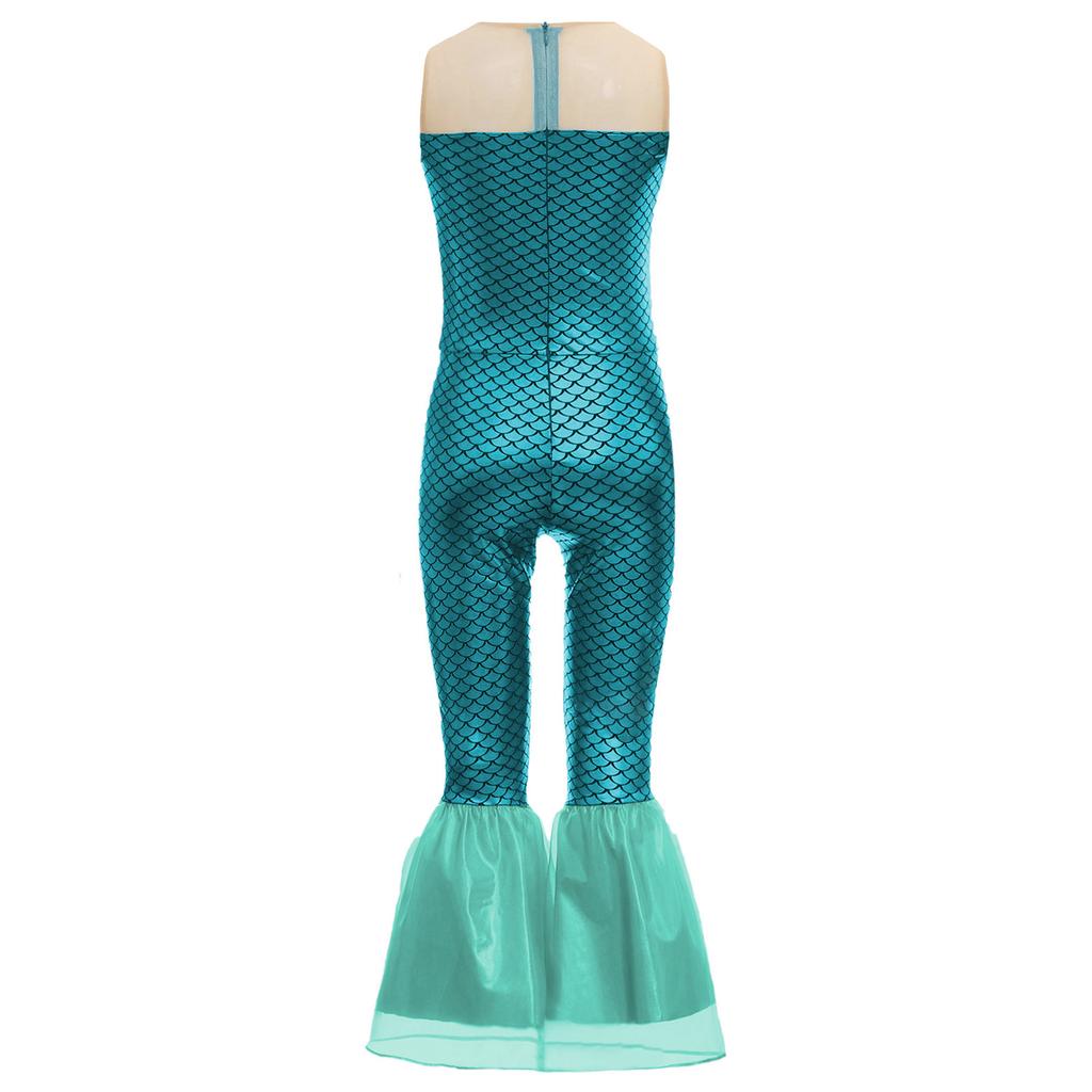 Girls Mermaid Cosplay Costume Sleeveless Flared Jumpsuit Fish Scales Design Halloween Party Outfit