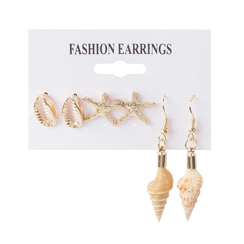 Fashion Alloy Shell Tassel Earrings, Beach Ocean Wind Conch Pearl Multi-Pair Stud Earrings