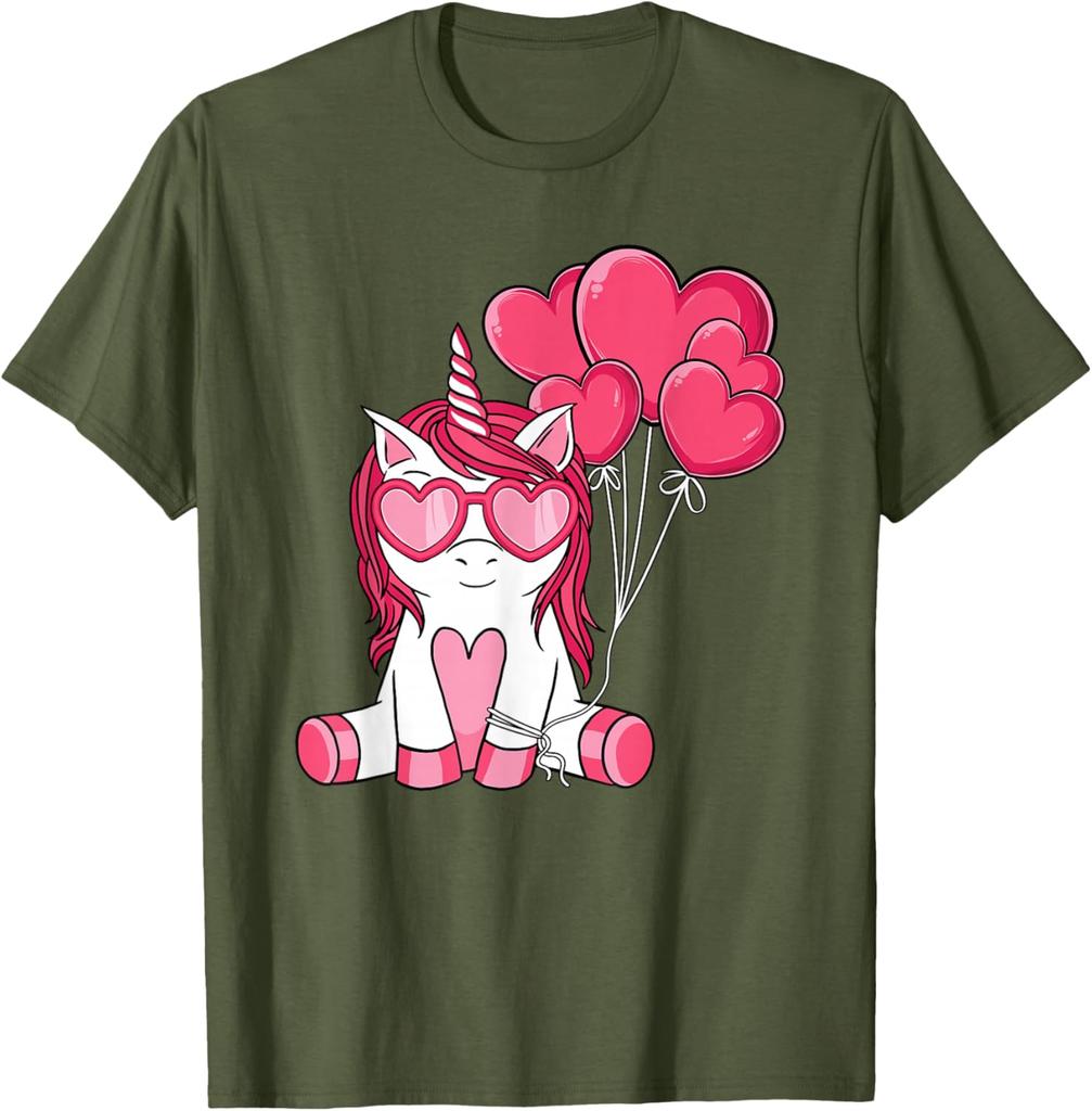 T-shirt Graphique Licorne Mignonne Avec des Ballons en Forme de Cœur Saint-Valentin Respirant Décontracté Manches Courtes pour Filles Enfants