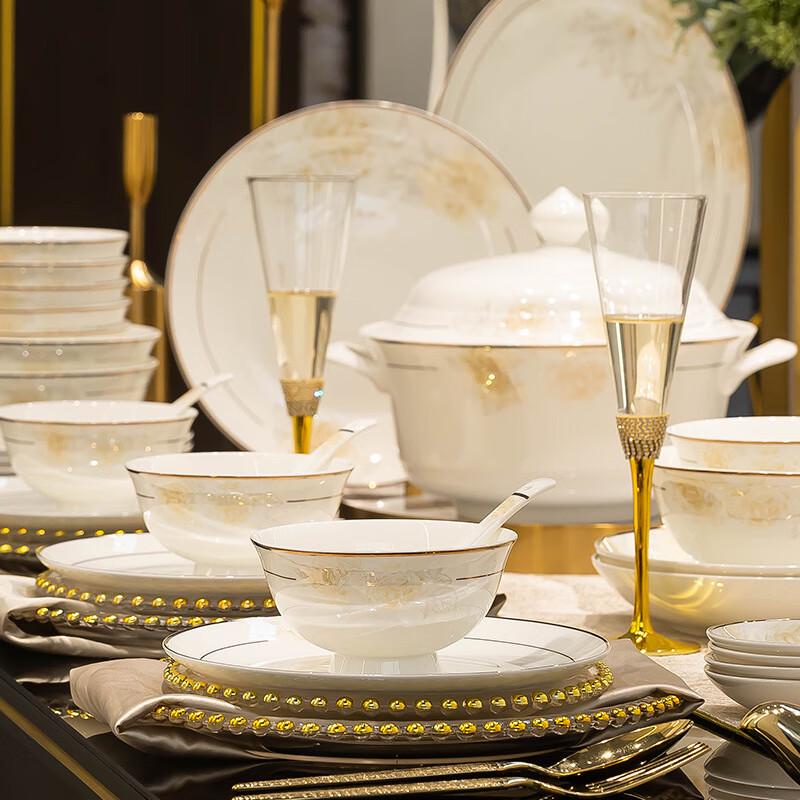 Jingdezhen Nordic Style Gold Rim Ceramic Dinnerware Set 39-Piece Set with Fugui Pot