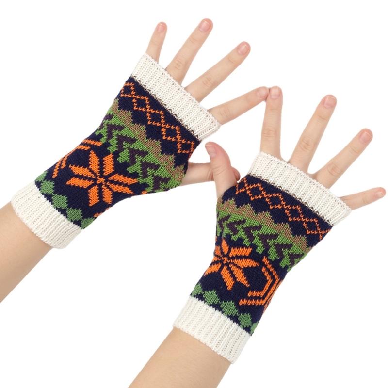 Women Jacquard Gloves Christmas Theme Fingerless Gloves Winter Autumn Handwear