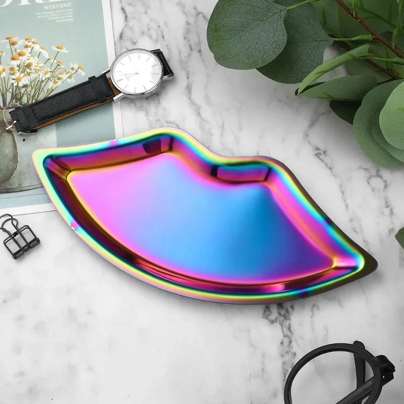 Ins Style Stainless Steel Lip Shaped Jewelry Tray Home Cosmetics Metal Decoration Tray Female Jewelry Storage Tray Decorative