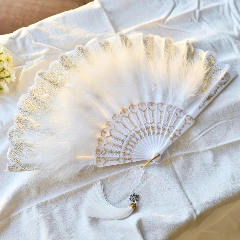 1PC - Vintage simulation feather lace fan with gold stamping feather fan in white