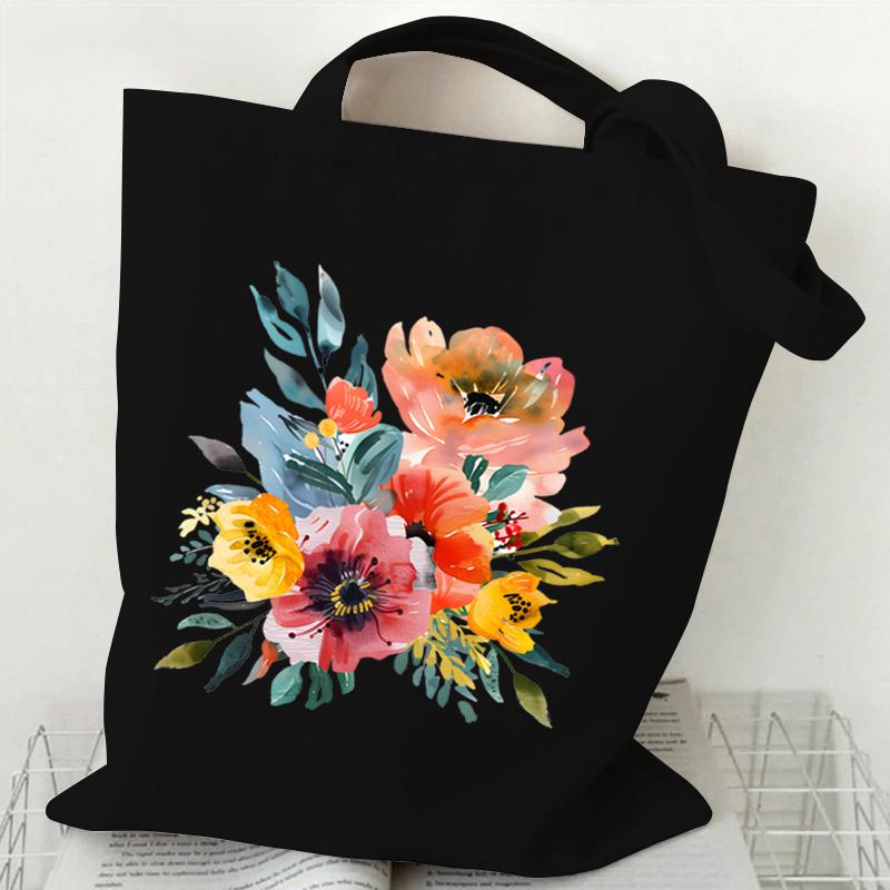 Elegant Wildflowers Aesthetic Canvas Handbag Reusable Floral Shopping Tote Bag for Women