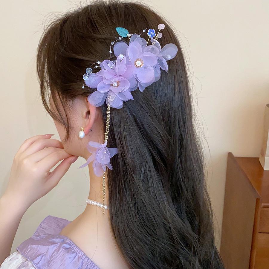 Fairy Chiffon Pearl Flower Tassel Hair Clip - Vacation Style Duckbill Bangs Accessory