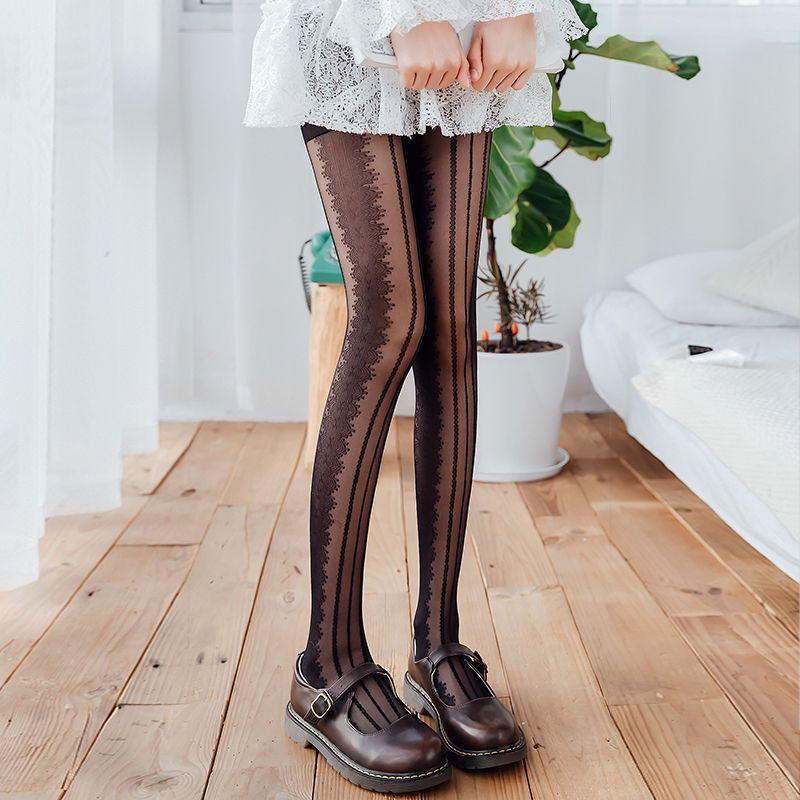 

Кружевные утягивающие колготки в вертикальную полоску для женщин, милые базовые носки в японском стиле, колготки для похудения ног чёрный