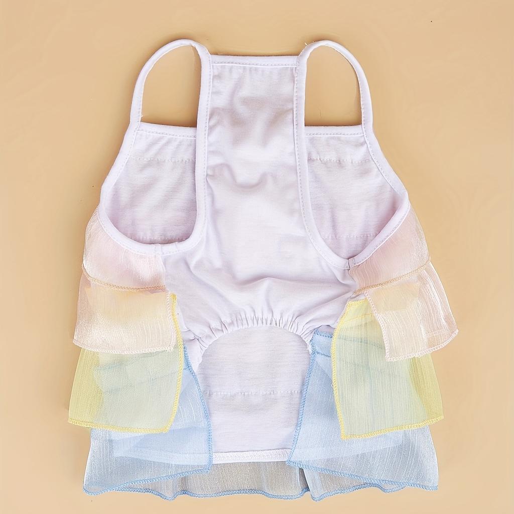 Summer Puppy Dress, Rainbow Tulle Tiered Skirt, Cute Doggie Sling Outfit, Fairy Pet Wear with Bows, Breathable Small Dog Apparel