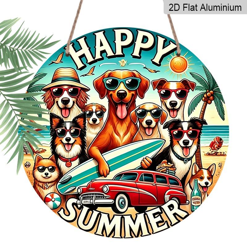 2D Flat Summer-themed Welcome Signs and Aluminum Decorative Plaques in Various Sizes. Beach Dog Wreath Wall Decoration with Sunglasses, Suitable for 7.87×7.87inch
